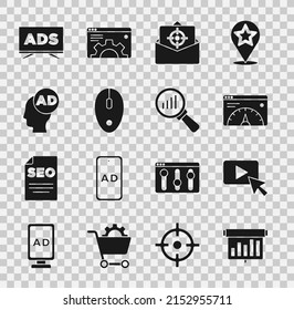 Set Board with graph chart, Advertising, Website statistic, Mail and e-mail, Computer mouse,  and Magnifying glass analysis icon. Vector