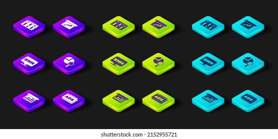 Set Board with graph chart, Advertising, Social media marketing, Magnifying glass and analysis,  and Browser setting icon. Vector