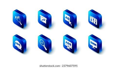 Set Board with graph chart, Advertising, Browser setting, Social media marketing, Magnifying glass and analysis,  and  icon. Vector