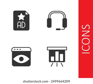 Set Board mit Diagramm, Werbung, Sammlung persönlicher Informationen und Kopfhörer-Symbol. Vektorgrafik