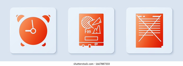 Set Board with graph chart, Alarm clock and Exam paper with incorrect answers survey. White square button. Vector