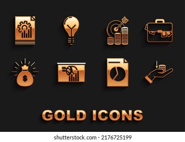 Set Board with graph chart, Briefcase and money, Money hand, Document, bag, Target coin symbol,  and Light bulb concept of idea icon. Vector