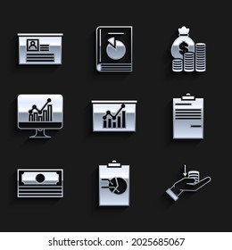 Set Board with graph chart, Clipboard, Money on hand, Document, Stacks paper money cash, Computer monitor, bag coin and resume icon. Vector