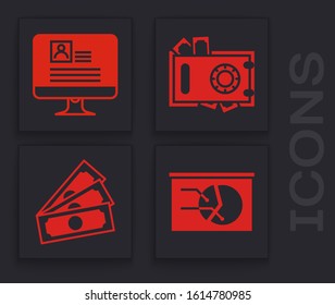 Set Board with graph chart, Computer monitor with resume, Safe and money and Stacks paper money cash icon. Vector
