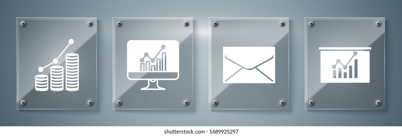 Set Board with graph chart, Envelope, Computer monitor with graph chart and Pie chart infographic and coin. Square glass panels. Vector