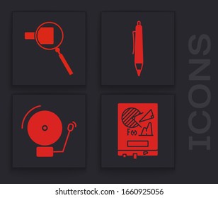 Set Board with graph chart, Magnifying glass, Pen and Ringing alarm bell icon. Vector