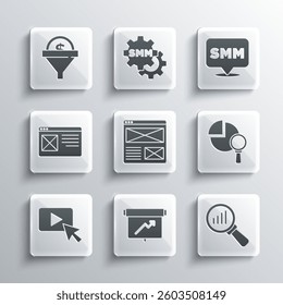 Set Board with graph chart, Magnifying glass and analysis, Browser window, Advertising, Lead management and Social media marketing icon. Vector