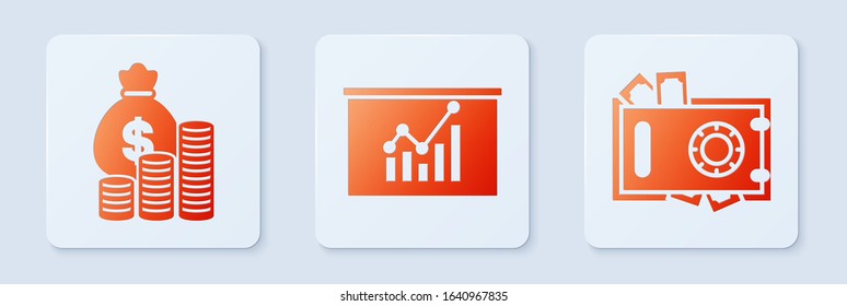 Set Board with graph chart, Money bag and coin and Safe and money. White square button. Vector