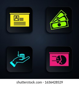 Set Board with graph chart, Board with resume, Money on hand and Stacks paper money cash. Black square button. Vector