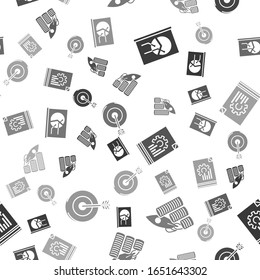 Set Board with graph chart, Rocket flying up on coins growth chart, Document with graph chart and Target on seamless pattern. Vector