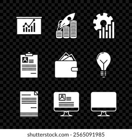 Set Board with graph chart, Rocket flying up on coins growth, Pie infographic, Document, Computer monitor resume, screen, Clipboard and Wallet stacks paper money cash icon. Vector