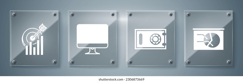 Set Board with graph chart, Safe, Computer monitor screen and Target with graph chart. Square glass panels. Vector