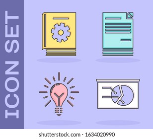 Set Board with graph chart, User manual, Light bulb with rays shine and concept of idea and Document icon. Vector