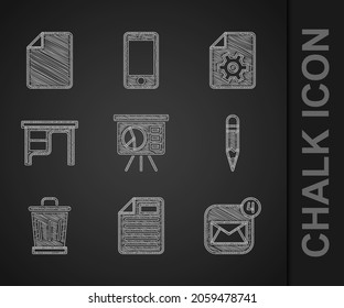 Set Board with graph, File document, Envelope, Pencil, Trash can, Office desk, Document settings and  icon. Vector