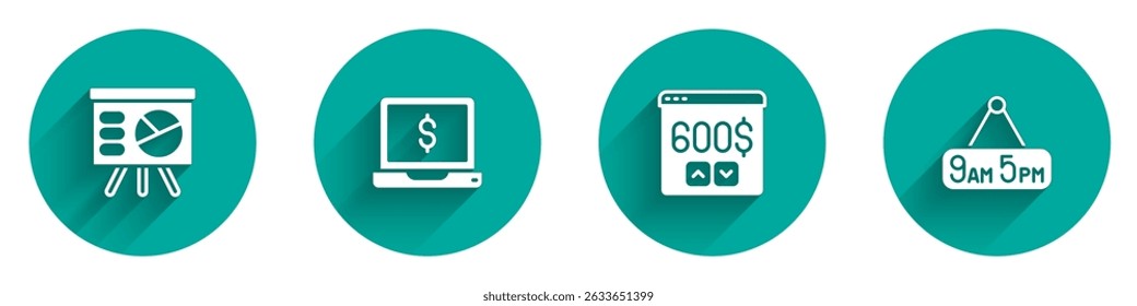 Set Board with graph, Laptop dollar, Monitor and From 9 5 job icon with long shadow. Vector