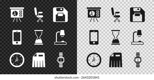 Set Board with graph, Office chair, Floppy disk, Clock, Paper shredder, Wrist watch, Mobile phone and Old hourglass icon. Vector