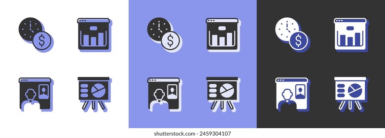 Set Board with graph, Time is money, Video chat conference and Browser stocks market icon. Vector