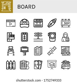 Set of board icons. Such as Backdrop, Clapperboard, Cap, Clapper, Surfboard, Billboard, Clipboard, Signboard, Paddle, Teacher, Exhibition, Dominoes, Projector screen , board icons