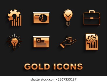 Set Board with resume, Briefcase, Document graph chart, Money on hand, Light bulb rays shine concept of idea, Pie infographic and  icon. Vector