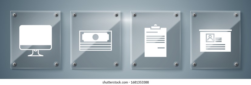 Set Board with resume, Document, Stacks paper money cash and Computer monitor screen. Square glass panels. Vector