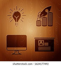 Set Board with resume, Light bulb with rays shine and concept of idea, Computer monitor screen and Rocket flying up on coins growth chart on wooden background. Vector