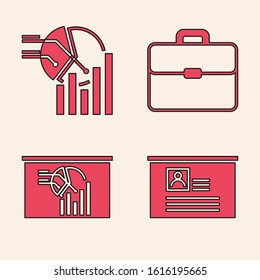 Set Board with resume, Pie chart infographic, Briefcase and Board with graph chart icon. Vector