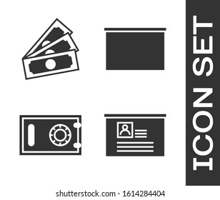 Set Board with resume, Stacks paper money cash, Safe and Chalkboard icon. Vector