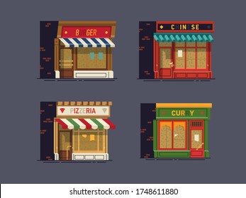 El hotel está rodeado de tiendas, restaurantes y cafeterías. Ilustración vectorial colorida en estilo plano de moda. Concepto de crisis financiera con empresas locales abandonadas