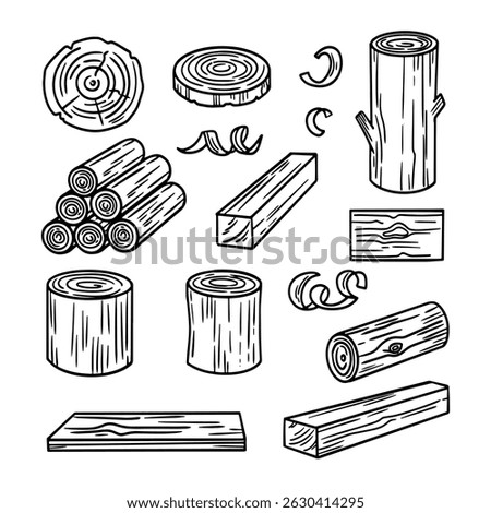 Set of boards and logs. Log set. Firewood, stump, board cuts, lumber, pieces of wood. Material for a campfire. Vector illustration	
