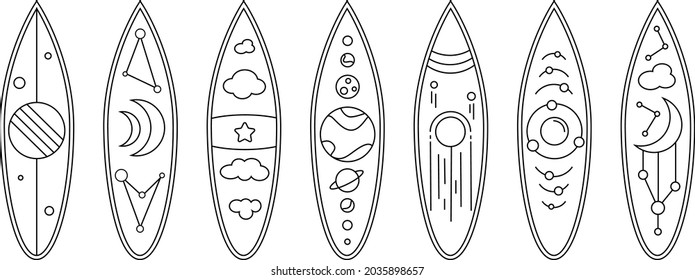 Juego de tablas para el surf sobre el tema espacial