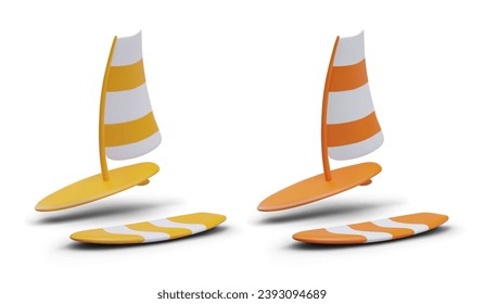 Set of boards for surfing and windsurfing. Board with striped sail. Sports equipment. Active recreation on sea, oceanic coast. Ride wave. Image for shop, rent business, training classes