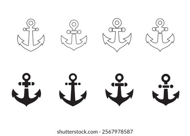 Set of boat Anchor vector icon logo boat symbol pirate helm Nautical maritime simple illustration graphic doodle design