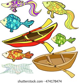 set the boat, fish, net vector illustration