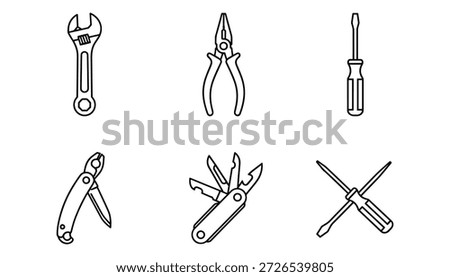 Set of boat hand tools collection. Tools for repairing boat. Vector outline illustration isolated on transparent background