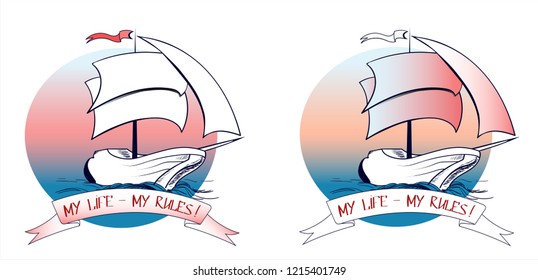 Set of boat icons on the background of the sea.