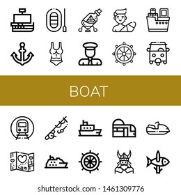 Set of boat icons such as Caravel, Anchor, Boat, Swimsuit, Ship in a bottle, Captain, Surfer, Helm, Shipping, Rickshaw, Subway, Travel, Fishing, Cruise, Ship, Rudder, Viking , boat