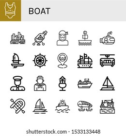 Set of boat icons. Such as Swimsuit, Skytrain, Ship in a bottle, Sailor, Galleon, Submarine, Windsurf, Rudder, Sea, Tram, Captain, Mai thai, Cargo ship, Sailing boat , boat icons