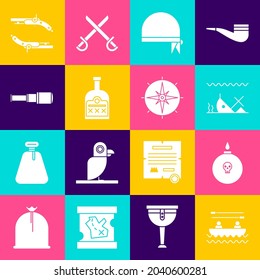 Set Boat with oars, Bomb ready to explode, Sunken ship, Pirate bandana for head, Alcohol drink Rum bottle, Spyglass telescope lens, Vintage pistols and Wind rose icon. Vector