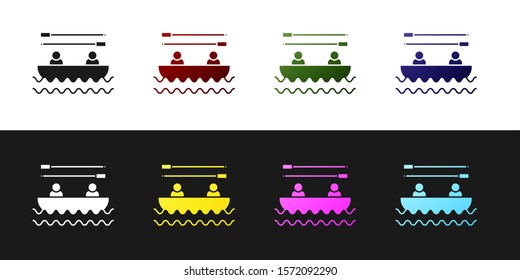 Set Boat with oars and people icon isolated on black and white background. Water sports, extreme sports, holiday, vacation, team building.  Vector Illustration