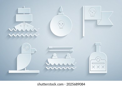 Set Boat with oars, Pirate flag skull, parrot, Alcohol drink Rum bottle, Bomb ready to explode and Ship icon. Vector
