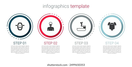 Barco con remos, nadador, buceo en piscina y traje de baño. Plantilla de infografía de negocios. Vector