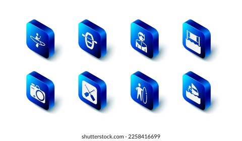 Set Boat with oars, Wetsuit for scuba diving, Water volleyball net, Windsurfing, Surfboard, Paddle, Photo camera and Kayak and paddle icon. Vector