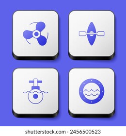 Set Boat propeller, Kayak and paddle, Submarine and Ship porthole icon. White square button. Vector