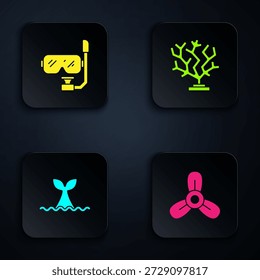 Set Boat propeller, turbine, Diving mask and snorkel, Whale tail ocean wave and Coral. Black square button. Vector