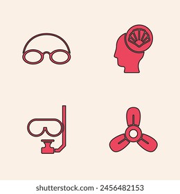 Set Boat propeller, turbine, Glasses and cap, Scallop sea shell and Diving mask snorkel icon. Vector