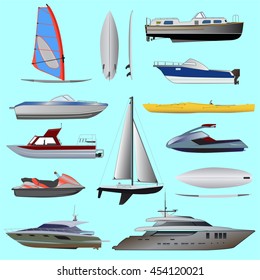 Set of boat. Sailing and motor boats, yacht, jet ski, boat, motor boat, cruise ship, windsurfing. Vector illustrations  isolated on white background. 
