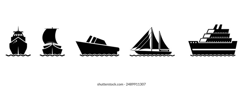 Set of boat and ship black silhouette icon collection. Marine boat symbol. Vector Illustration.