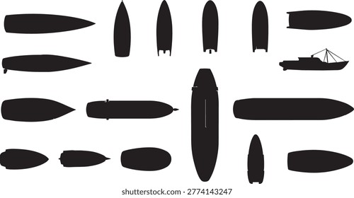 Set of boat and ship hull silhouettes in top-down view. Includes various vessel types and a side profile. Ideal for maritime and nautical design projects.