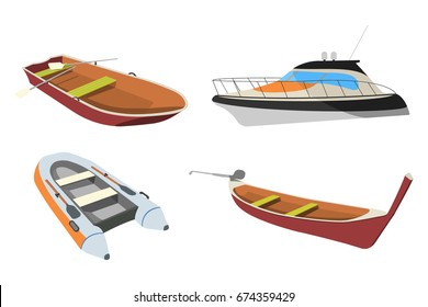 Set of Boat: Speedboat, Pirogue, Raft and Boat icon. Cartoon Vector Illustration