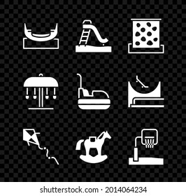 Set Boat swing, Kid slide, Climbing wall, Kite, Horse saddle, Basketball backboard, Attraction carousel and Bumper icon. Vector